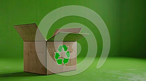 Cardboard box with green recycling symbol on grassy background