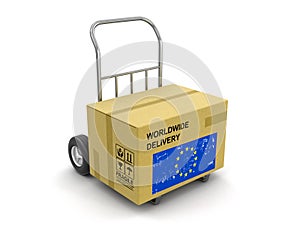 Cardboard Box on Hand Truck with European Union flag