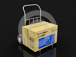 Cardboard Box on Hand Truck with European Union flag