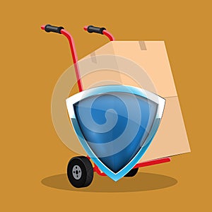 Cardboard box on hand truck and protection shield. Safety shipment concept. Vector illustration.