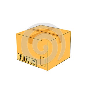 Cardboard box icon with symbols isolated on white background. Cartoon Delivery cargo box with fragile care sign symbol