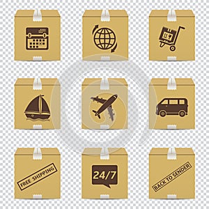 Cardboard box icons with delivery signs isolated on transparent background