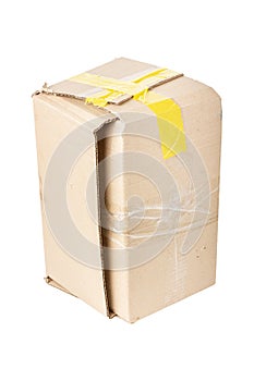 Cardboard box isolated on white background. Torn package.