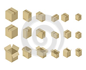 Cardboard box isometrics set.