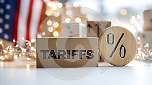 Cardboard box labeled tariffs in front of American flag