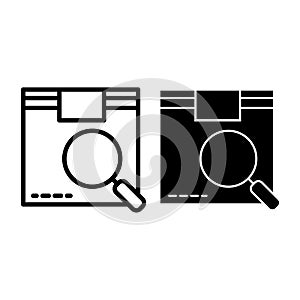 Cardboard box and magnifying glass line and glyph icon. Package box and lens vector illustration isolated on white