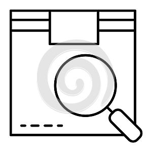 Cardboard box and magnifying glass thin line icon. Package box and lens vector illustration isolated on white. Parcel