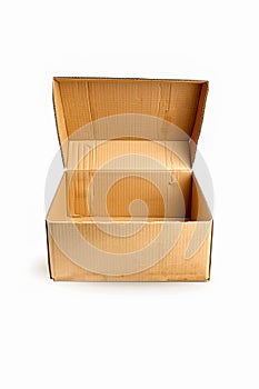 A cardboard box is open and empty