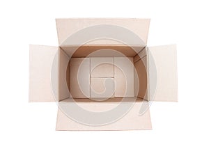 Cardboard box open empty top view isolated on white background , clipping path