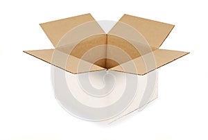 White cardboard box, top open, isolated on white background, copy space