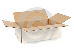 White cardboard box, top open, isolated on white background, copy space