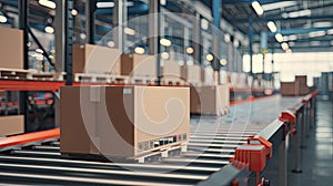 a cardboard box packages warehouse fulfillment center, with products stored and ready for distribution on a conveyor