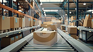 a cardboard box packages warehouse fulfillment center, with products stored and ready for distribution on a conveyor