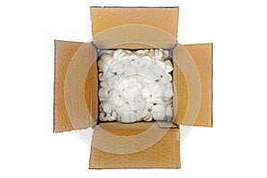 Cardboard box with packing foam pellets