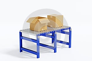 Cardboard box parcel on conveyor belt, production ling automated machine on white background, 3D rendering