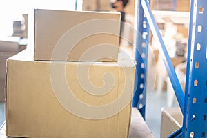 The cardboard box parcel prepare to put on the shelf or blue metal rack  installed in warehouse or stockhouse, The parcel