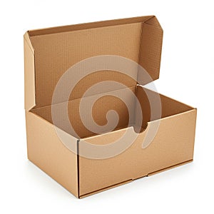 Cardboard box with a partially open lid. Made of corrugated cardboard, it's rectangular