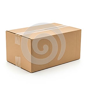 Cardboard box with a rectangular shape, made from brown corrugated cardboard. It