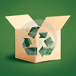 Cardboard box with recycling emblem on green backdrop, sustainable