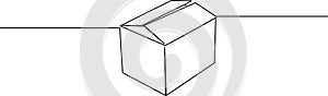 A cardboard box with a red ribbon tied around it sitting on a flat surface. Vector