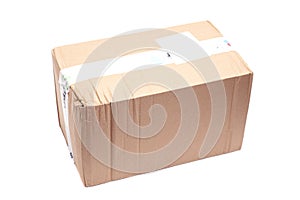 Cardboard box sealed with tape isolated on white background