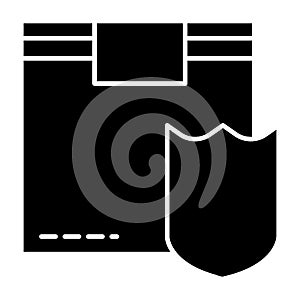 Cardboard box and shield solid icon. Package box and shield vector illustration isolated on white. Parcel protection
