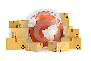 Cardboard box shipping and worldwide delivery business concept, earth planet globe. 3d rendering. Elements of this image