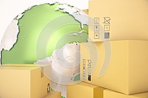 Cardboard box shipping and worldwide delivery business concept, earth planet globe. 3d rendering. Elements of this image