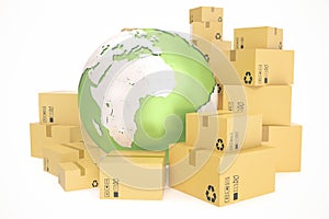 Cardboard box shipping and worldwide delivery business concept, earth planet globe. 3d rendering. Elements of this image