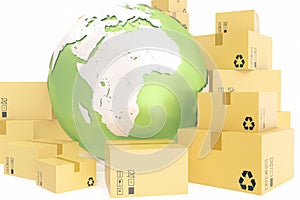 Cardboard box shipping and worldwide delivery business concept, earth planet globe. 3d rendering. Elements of this image