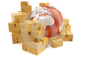 Cardboard box shipping and worldwide delivery business concept, earth planet globe. 3d rendering. Elements of this image