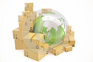 Cardboard box shipping and worldwide delivery business concept, earth planet globe. 3d rendering. Elements of this image