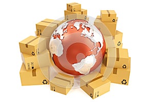 Cardboard box shipping and worldwide delivery business concept, earth planet globe. 3d rendering. Elements of this image