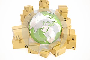 Cardboard box shipping and worldwide delivery business concept, earth planet globe. 3d rendering. Elements of this image