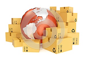 Cardboard box shipping and worldwide delivery business concept, earth planet globe. 3d rendering. Elements of this image