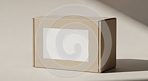 Cardboard box with a simple, rectangular design placed on a neutral background. It features a white