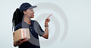 Cardboard box, smile or black woman point at delivery list, mockup studio checklist or retail shipping commercial