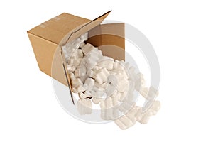 Cardboard box with spilled packing peanuts