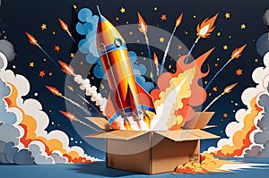 Cardboard Box Styled as a Makeshift Rocket - Flames Painted on Sides, Appearing to Blast Off, Set Against an Imaginary Sky