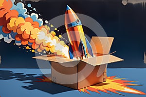 Cardboard Box Styled as a Makeshift Rocket - Flames Painted on Sides, Appearing to Blast Off, Set Against an Imaginary Sky