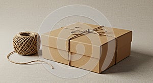Cardboard box tied with brown jute string sits on a textured beige
