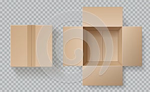 Cardboard box top view. Open closed boxes inside and top, brown pack mockup, delivery service realistic empty carton