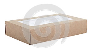 Cardboard box with transparent window for Souvenirs and food products, isolated on a white background. View of the