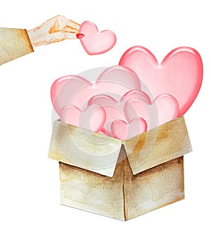 Cardboard box with voluminous hearts watercolor illustration