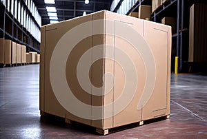 Cardboard box on the wooden pallet for exporting in the factory warehouse floor background. Innovative warehouse technology and