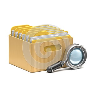 Cardboard box with yellow folders and search glass 3D