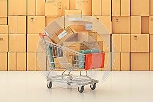 Cardboard boxes arranged in 3D rendered shopping cart conceptually