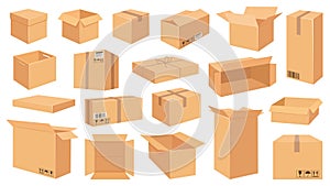Cardboard boxes. Cartoon brown carton package. Open and closed delivery rectangle box with fragile signs. Vector