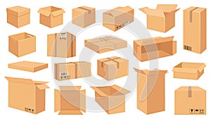 Cardboard boxes. Cartoon brown carton package. Open and closed delivery rectangle box with fragile signs. Vector shipping and