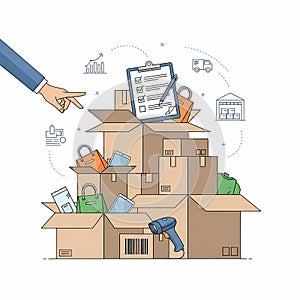 Cardboard boxes with checklist and barcode scanner